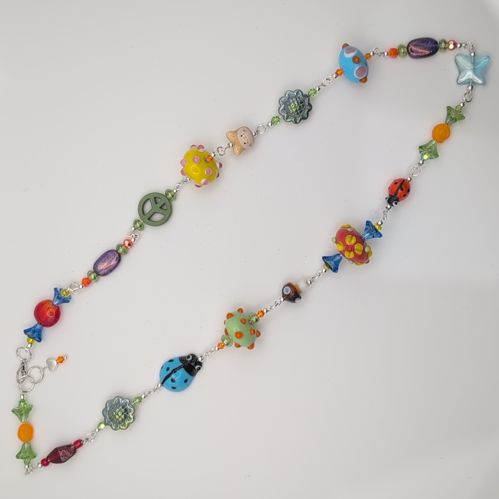 handmade Colorful Ladybug Lampwork Glass Beaded Necklace 24"